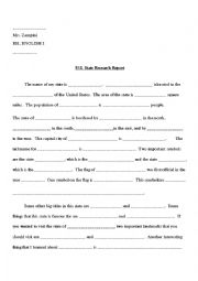 English Worksheet: U. S. State Report Outline for Oral Presentation