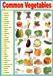 English Worksheet: Common vegetables. Matching ex + key.