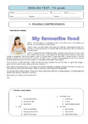 English Worksheet: 7th grade TEST - MY FAVOURITE FOOD 