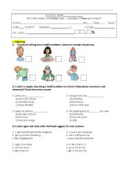 English Worksheet: Test Health Problems / 7th grade