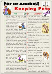 English Worksheet: For or against keeping pets  (Debating + writing)