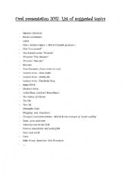 English Worksheet: List of suggested topics for an oral presentation
