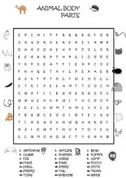 English Worksheet: ANIMAL BODY PARTS WORDSEARCH