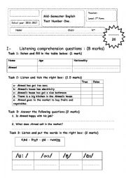 English Worksheet: Mid semester 2 test Number 1 7th form