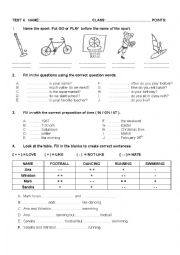 English Worksheet: Sport,question words, prepositions of time