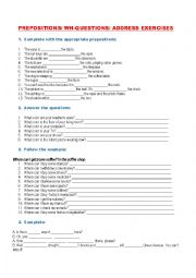 English Worksheet: PREPOSITION/ WH-QUESTIONS/ ADDRESSES