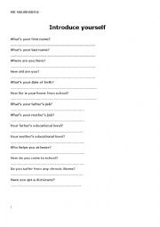 English Worksheet: INTRODUCE YOURSELF