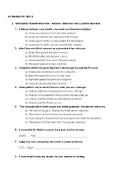 English Worksheet: Intermediate Revision - Sentence Transformation, Use of English