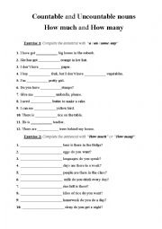 English Worksheet: Countable and uncountable nouns