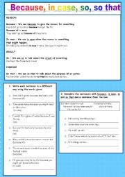 English Worksheet: Clauses of reason, result and purpose