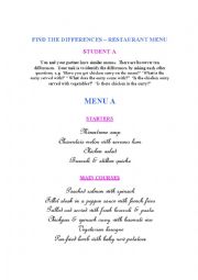 English Worksheet: Find the differences - two restaurant menus