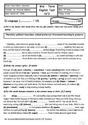 English Worksheet: Mid Semester 2 Test N 1 ( 9th form ) ( module 3 ; Pollution & Environment )