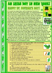 English Worksheet: An Irish boy in New York: Saint Patricks day reading