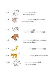 English Worksheet: Animals can and action verbs