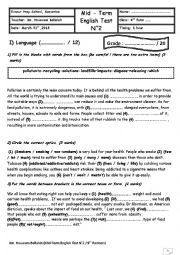 English Worksheet: Mid Semester 2 Test N 1 ( 9th form ) ( module 3 ; Pollution & Environment )