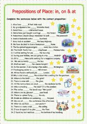 English Worksheet: Prepositions of Place: in, on & at