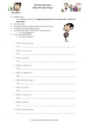 English Worksheet: Present Progressive / Present Continuous - What is Mr Bean doing?