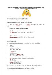 English Worksheet: Verbs summary (word order, present simple and continuous, past simple and continuous)