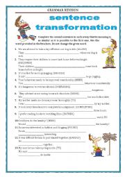 English Worksheet: GRAMMAR REVISION - SENTENCE TRANSFORMATION part 2 with key