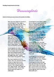 Reading Comprehension Activity: Hummingbirds