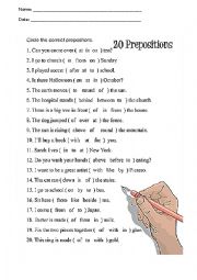 English Worksheet: 20 Prepositions