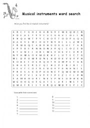 English Worksheet: Musical Instruments Wordsearch