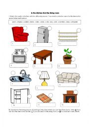 English Worksheet: Kitchen & Living Room Vocabulary Activity