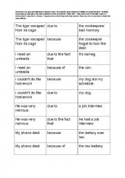 English Worksheet: Due to/ Because of: Connective Matching Activity