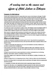 English Worksheet: Reading on the causes & effects of child labour in Ethiopia