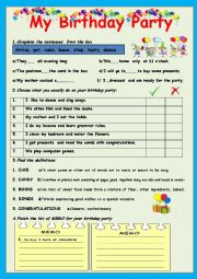 English Worksheet: My Birthday Party - 2 PAGES!