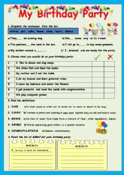 English Worksheet: My Birthday Party - 2 PAGES!