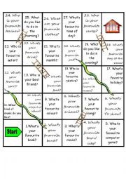 English Worksheet: snakes and ladders board game whats your favourite ...?