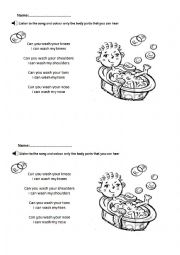 English Worksheet: Body parts with the bath song.