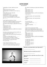 English Worksheet: Get Used To It - Justin Bieber