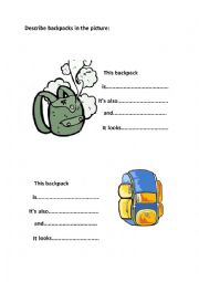 English Worksheet: Describe backpacks
