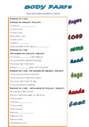 English Worksheet: body parts song