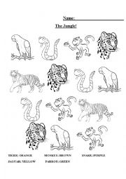 English Worksheet: Colour Jungle Animals