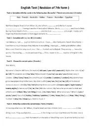English Worksheet: General Revision test 7th form Tunisian pupils