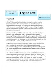 English Worksheet: test about a tech less world experience