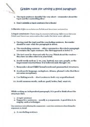 English Worksheet: Golden Rules for writing a correct paragraph