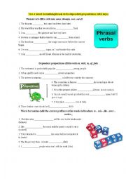 English Worksheet: Test 4 (word formation/phrasal verbs/dependent prepositions) (with keys)