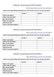 English Worksheet: Asking for and giving personal information (video)