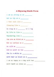 English Worksheet: A Rhyming Simile Poem