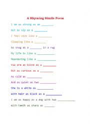 English Worksheet: A Rhyming Simile Poem