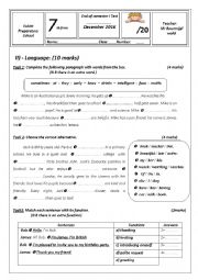 English Worksheet: End of semester I test 7th form