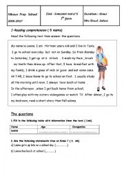 English Worksheet:   end semester test 1  7th form