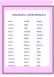 English Worksheet: Long vowel e sound - words ending in y