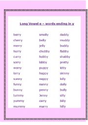 Long vowel e sound - words ending in y