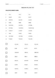 NUMBERS 1-20 and COLOURS SPELLING TEST