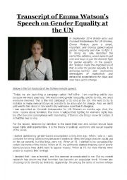 English Worksheet: Emma Watsons Speech on Gender Equality at the UN